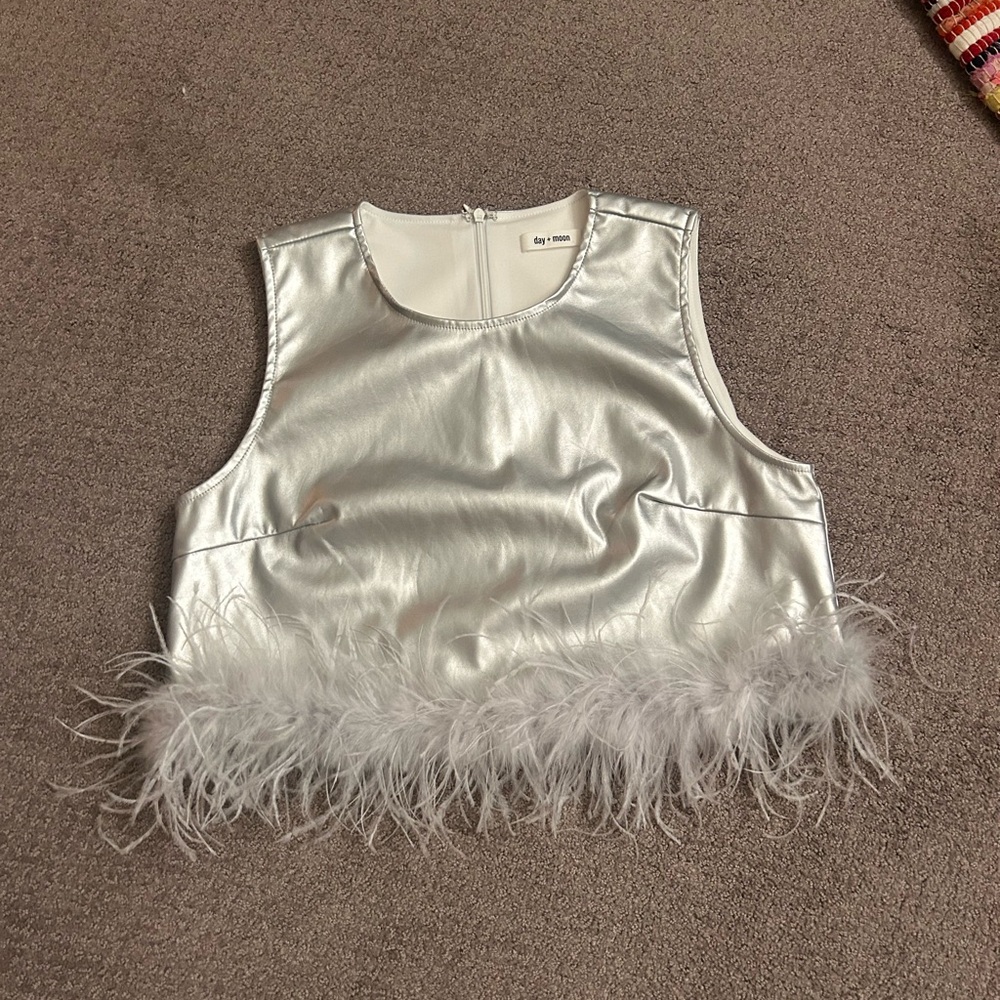 Silver Metallic Sleeveless Top with Feather Trim
